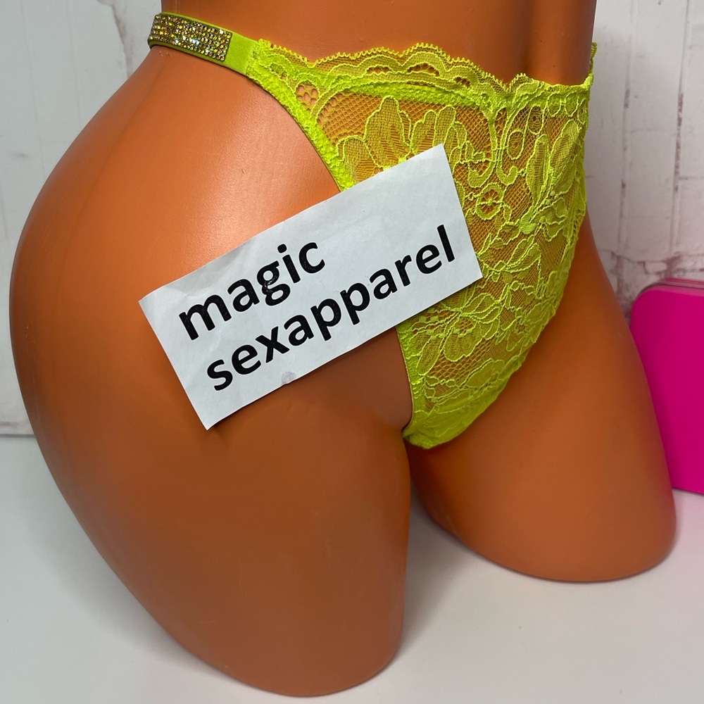 VS XL SHINE STRAP BOMBSHELL THONG PANTY RHINESTONES FLORAL LACE NEON